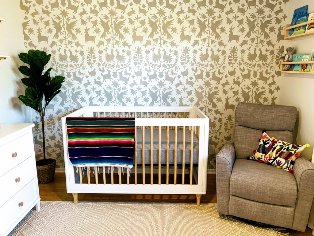 Babyletto lolly crib in gender neutral nursery with otomi stenciled wall